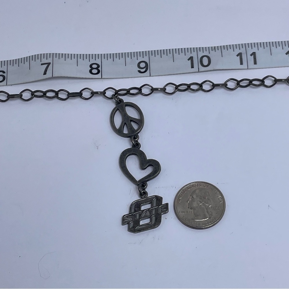 Peace, Love and O-State Pewter Tone Lariat Necklace - Picture 3 of 5